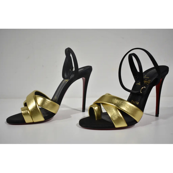 Christian Louboutin Just Me 100 Black Gold Sandal Ankle Strap Open Heel Pump 38 - Picture 9 of 11